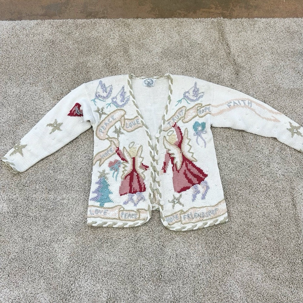 Stitches In Time Medium Angel Cardigan Ramie Cotton Knit Embroidered Cottagecore